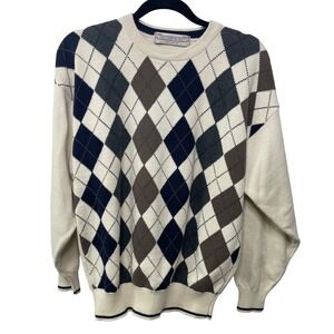 John Ashford Golf Mens Argyle Sweater Cream Navy Blue Cotton Vintage 90s Dad M